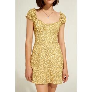 Zara Yellow Ditsy Floral Linen Blend Smocked Mini Dress Size Small